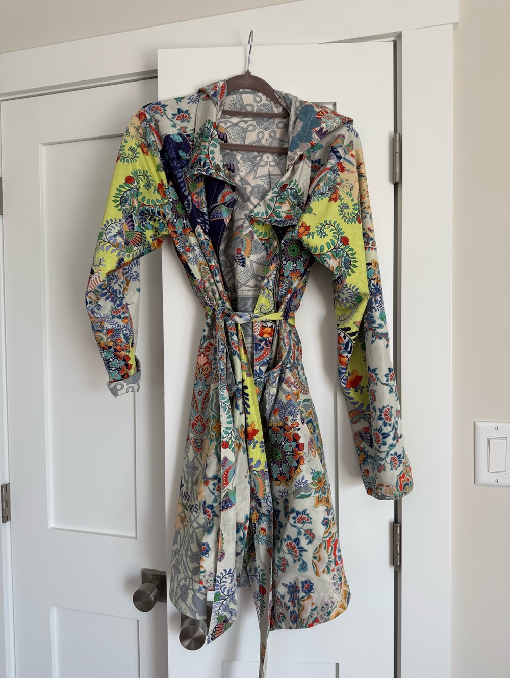 Johnny Was Floral Hooded Trench Coat in Yellow, Blue, Green